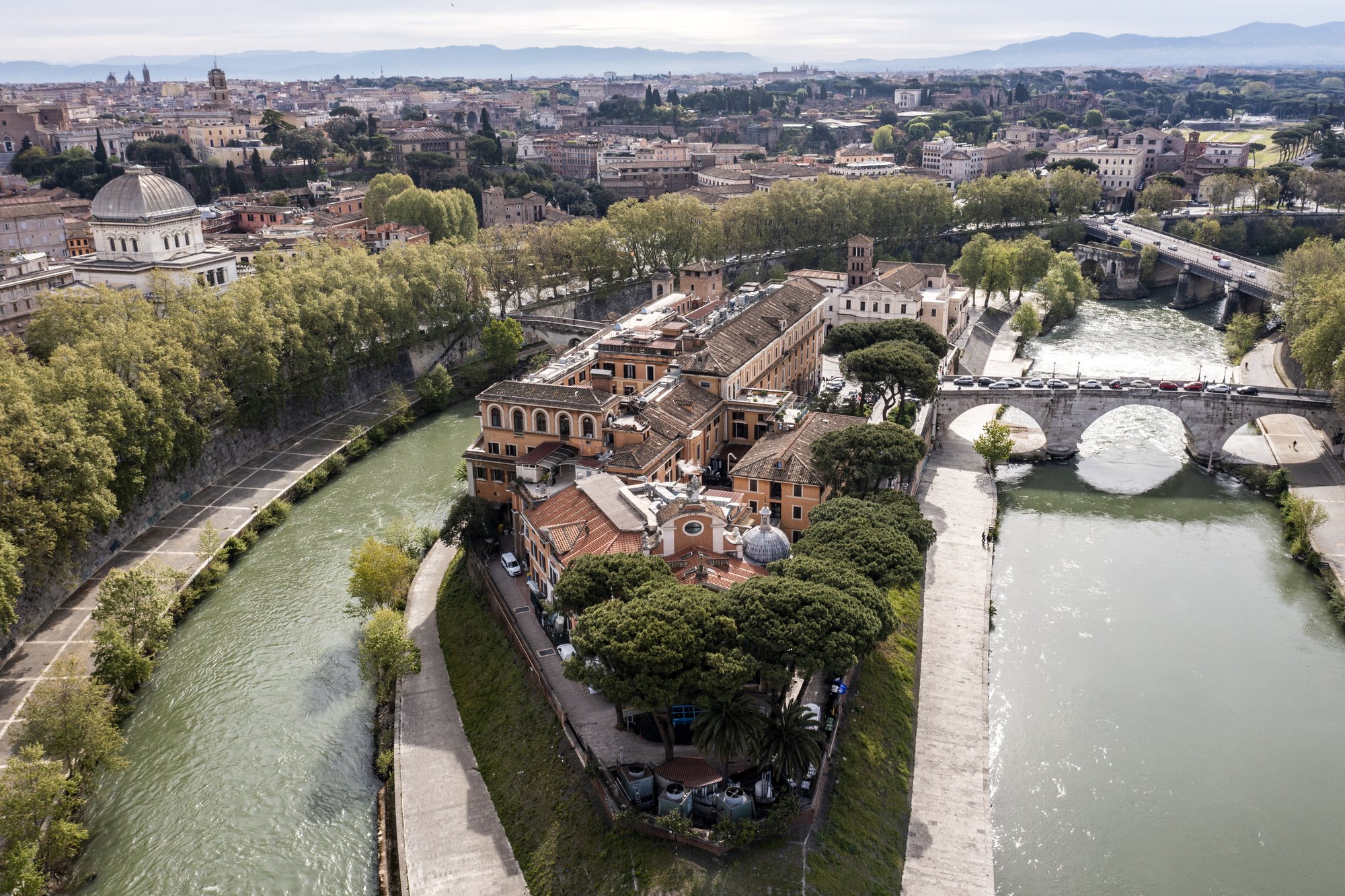 Aerial view of Isola Tiberina in the river Tiber, Rome